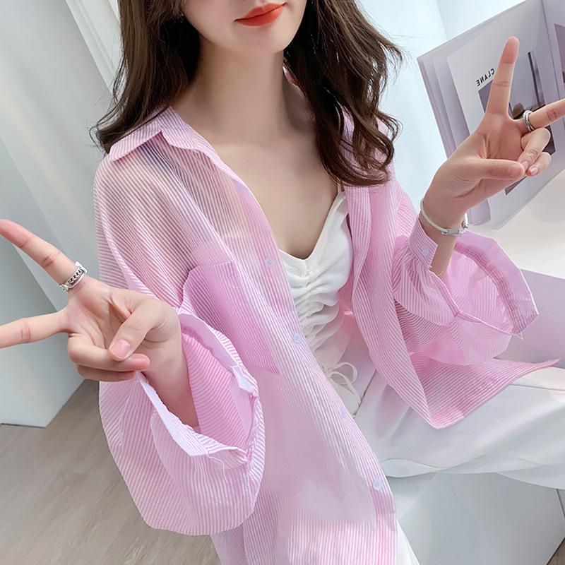 

Летняя женская солнцезащитная одежда Прозрачная полосатая рубашка Оверсайз Свободный длинный рукав Корейская солнцезащитная блузка Карман Милые топы XXL розовый