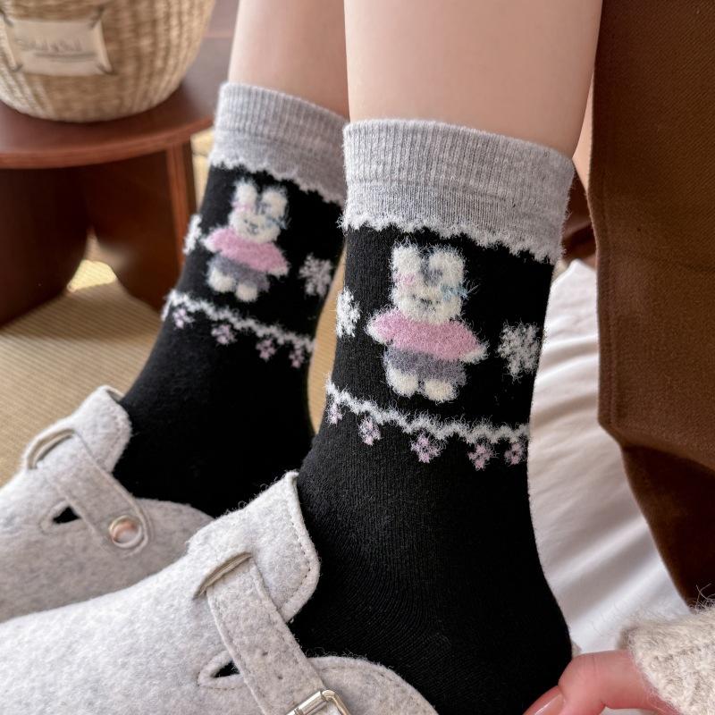 Warm Thickened Stockings Lock Warm Flocked Wool Cartoon Socks Mid-Leg Socks Cashmere Cute Bunny