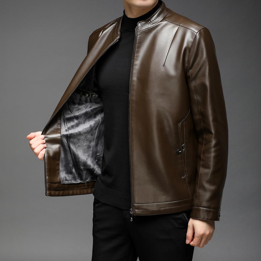 Men's Stand Collar Leather Jacket Autumn and Winter New Velvet Men's Leather Jacket PU Middle-aged Leather Jacket Men's Clothing