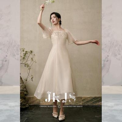 JK&JS Elegant Square Neck Embroidered A-Line Dress