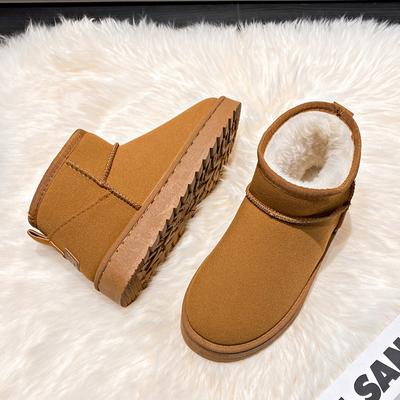 Modische, einfarbige, kurze Schneestiefel aus Plüsch für Damen, bequeme, flache Schlupfstiefeletten für den Winter, halten warm, rutschfeste Baumwollschuhe