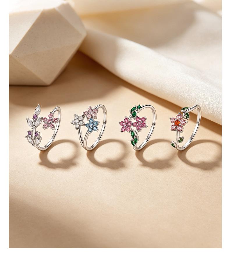 S925 Sterling Silver Mori Floral Leaf Open Adjustable Ring for Women - Sweet Niche Design