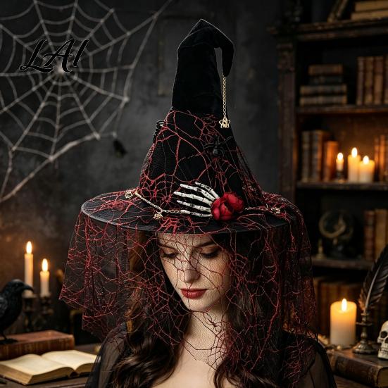 Unique Holiday Party Decor Punk Skeleton Hand Witch Hat with Spider And Veil Black Large Indoor Outdoor Festive Wizard Costume Accessory for Adults,