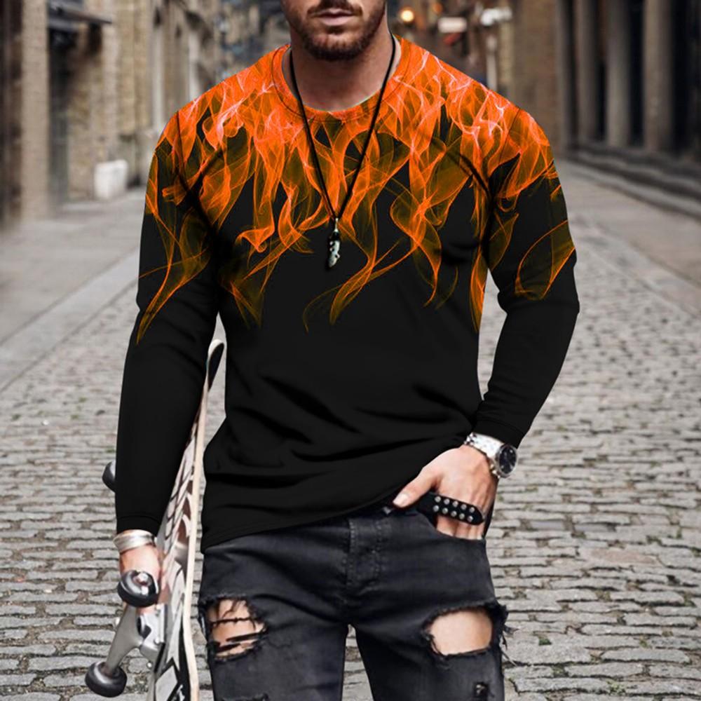 Street Style Flame Print Long Sleeve T-Shirt, Cool Casual Wear For Men