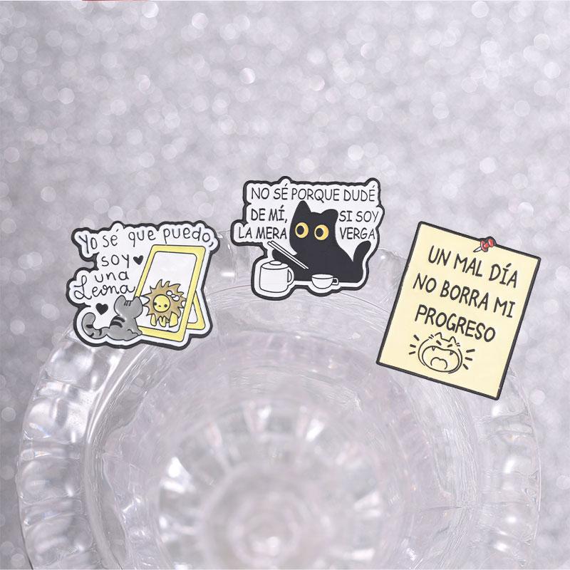 Latin Motivational Slogan Enamel Pins Black Cat Mirror Lion Brooches Cartoon Lapel Badges Spanish Self Love Quotes Jewelry Gift