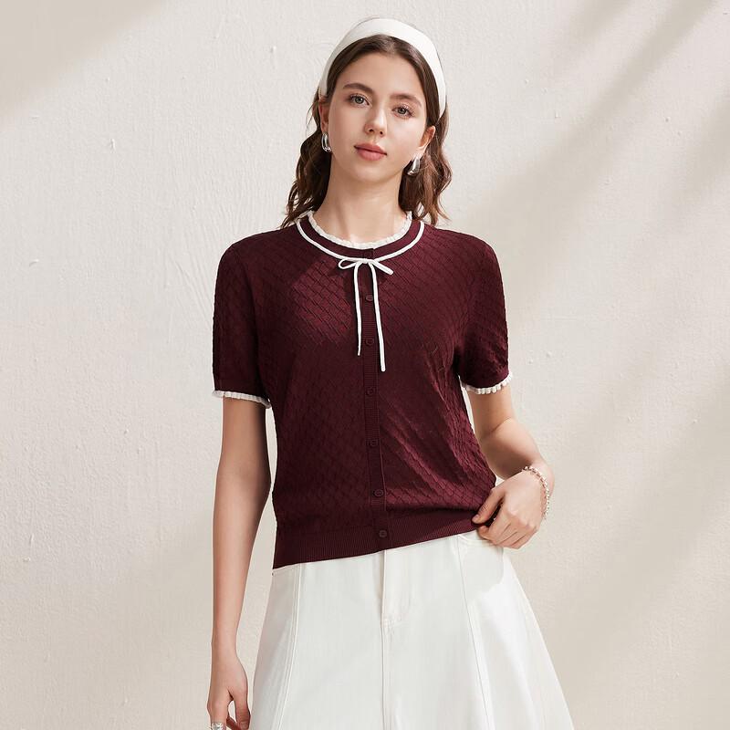 Zhaojun Silk Blend Lace Round Neck Short Sleeve Knit Top