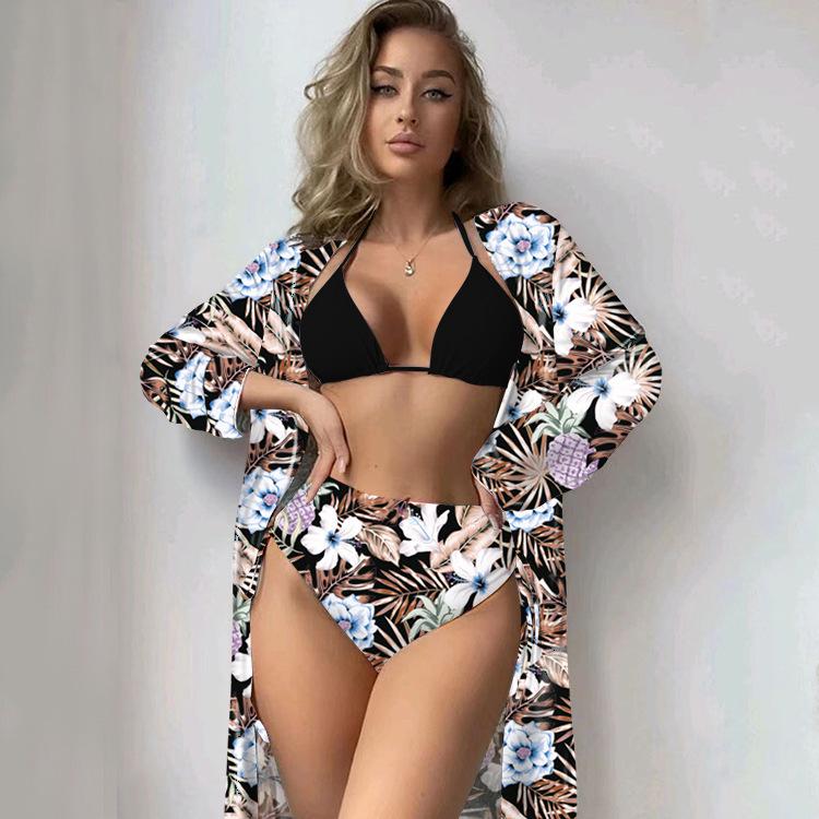 European and American High-Waisted Bikini Set with Printed Long-Sleeved Cover-Up