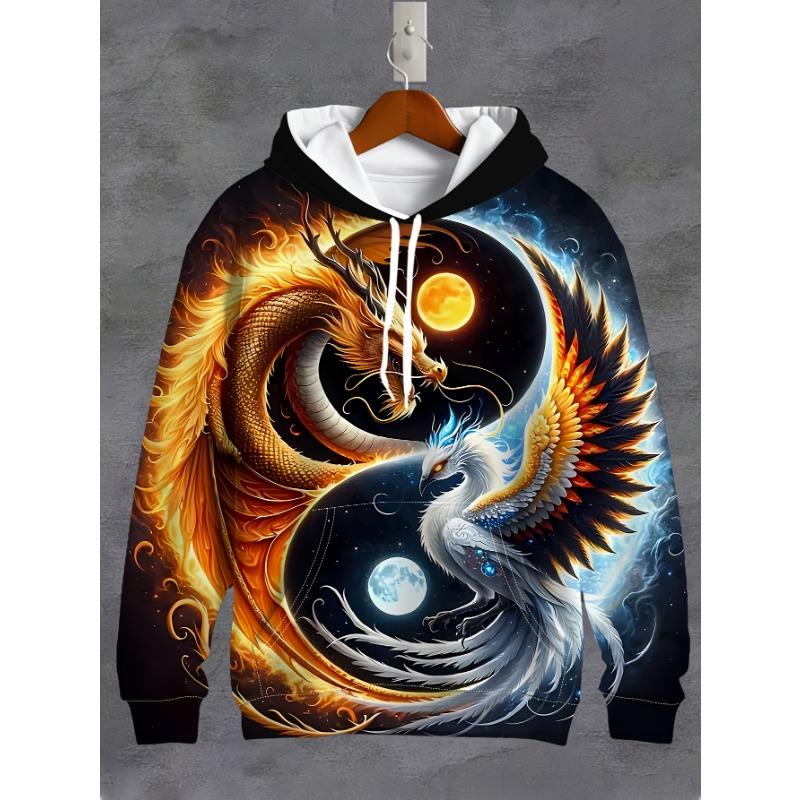 Men's 3D Dragon Phoenix Yin Yang Celestial Printed Hoodie - Long Sleeve Casual Hoodie with Drawstring Pocket