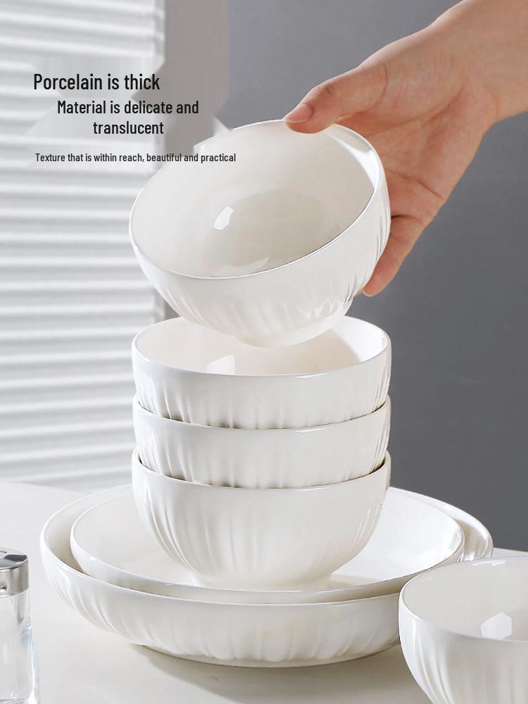 Pure White Ceramic Tableware Set: Dinner Bowls, Rice Bowls, Plates, Dishes, and Double-Ear Soup Bowls for Home Use.