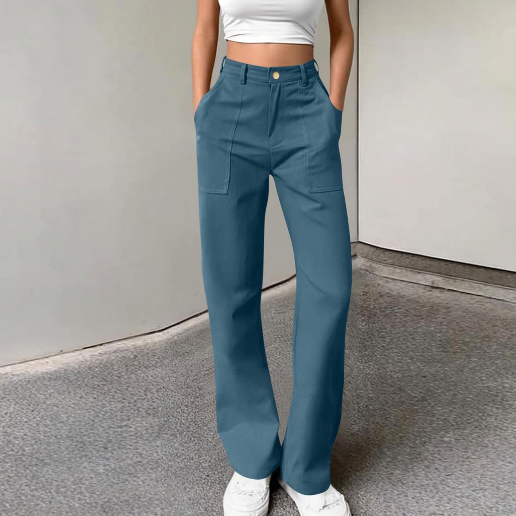 Women's Color Button Loose Sports Casual Workwear Pocket Trousers