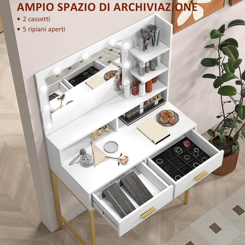 Schminktisch mit Spiegel, 2 Schubladen, 5 Regalen und Hocker, aus MDF und Spanplatte, 80x40x138 cm, Weiß
