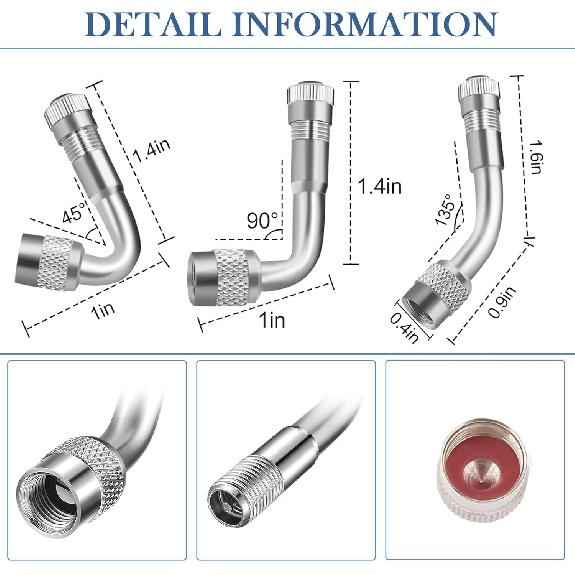 8 Pieces Tire Valve Extension, 2 Pieces Dual Tire Valve Extension Valve Stem Installation Tool with 6Pcs 45 90 135 Degree Brass Valve Stem Extender