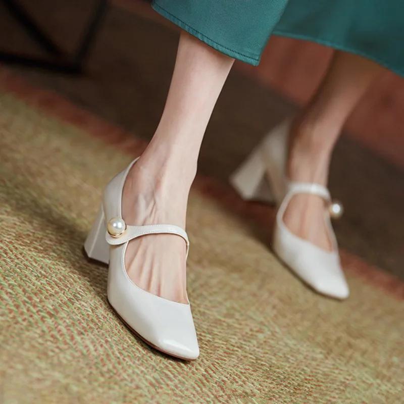 Fashion Retro Thick Heel Leather Pearl Buckle Mary Jane Shoes Ladies Designer Soft Sole Women's High Heels Fashion Casual Pumps Ladies