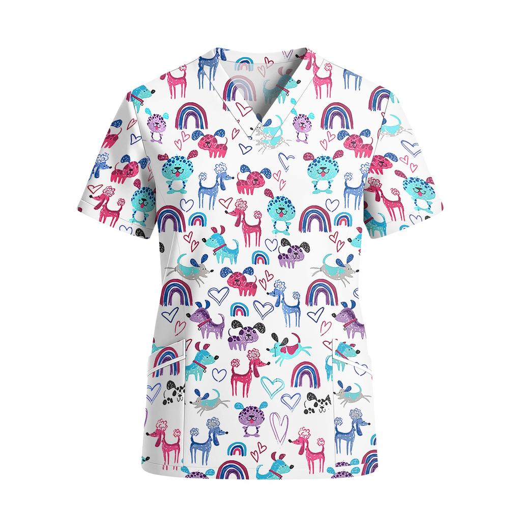 Womens V Neck Short Sleeve Printed Scrub Top with Pockets Animal Pattern Lightweight for Healthcare and Service Professionals