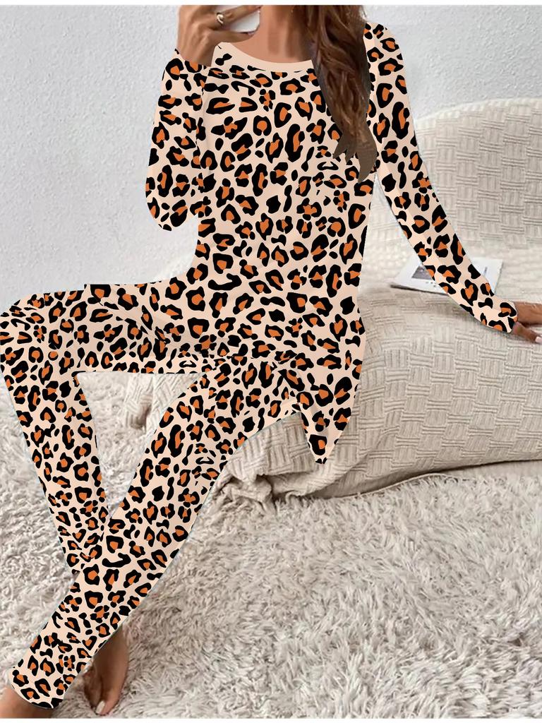 Euroamerikanische Mode 3D Leopardenmuster Damen Vier-Jahreszeiten Langarm T-Shirt + Lange Hose Zweiteiliges Set. Perfektes Geschenk