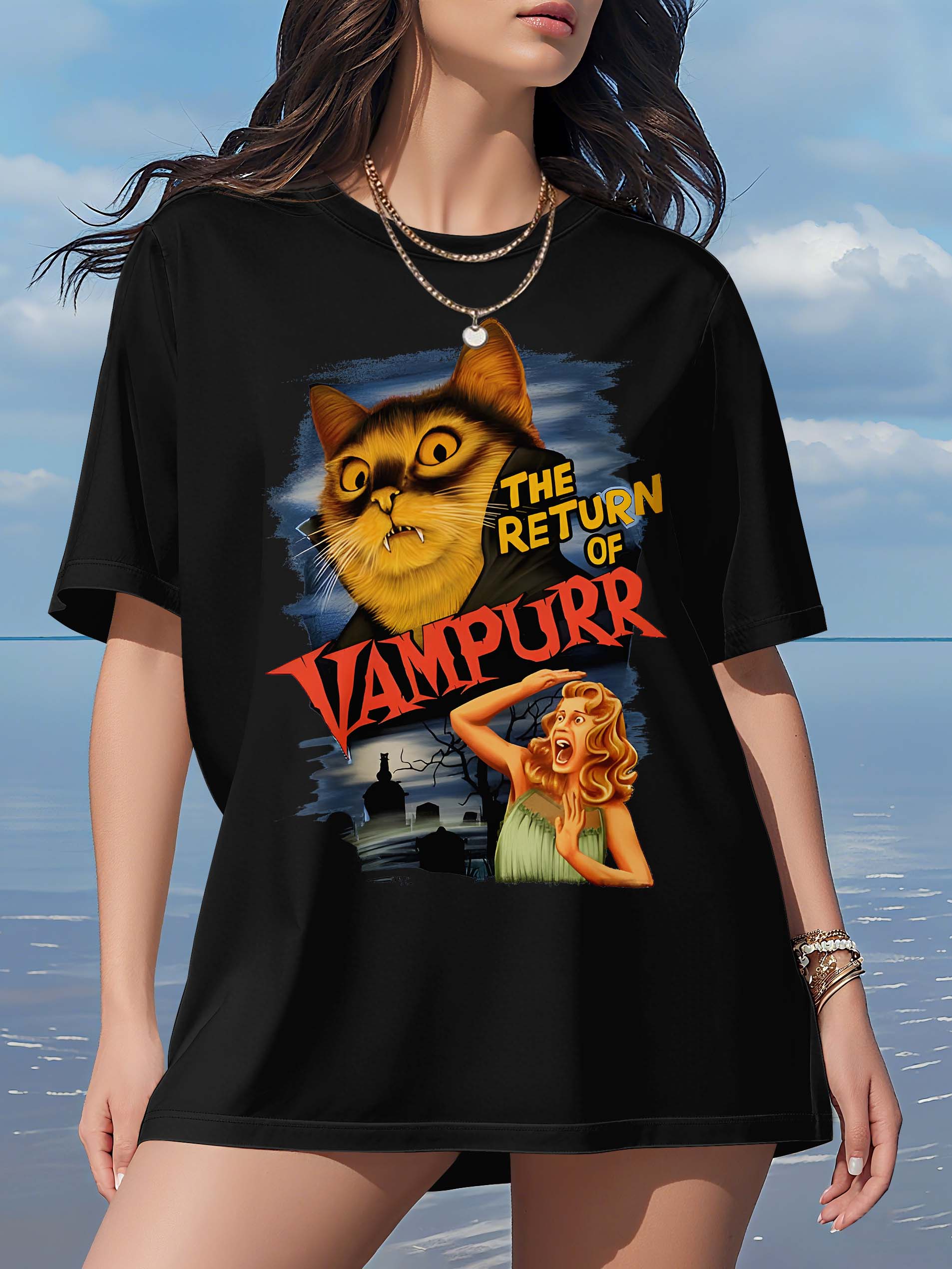 

Plus size tops for women Unisex summer casual clothes Short round neck t-shirt with poster print of S