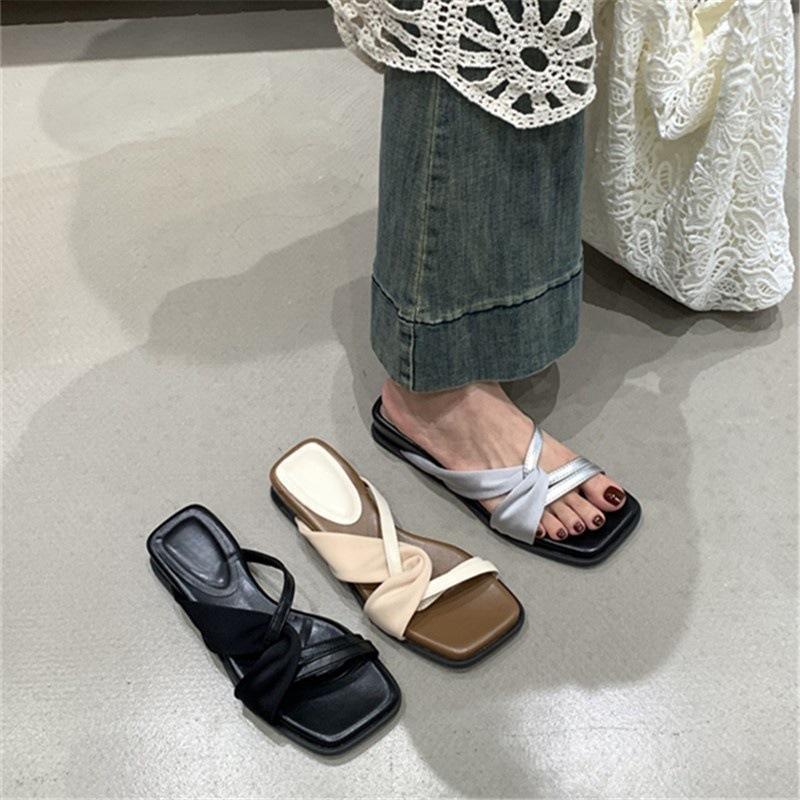 Silver with skirt thick heel cool slippers women's niche one-word with open-toed thick-soled half-slippers