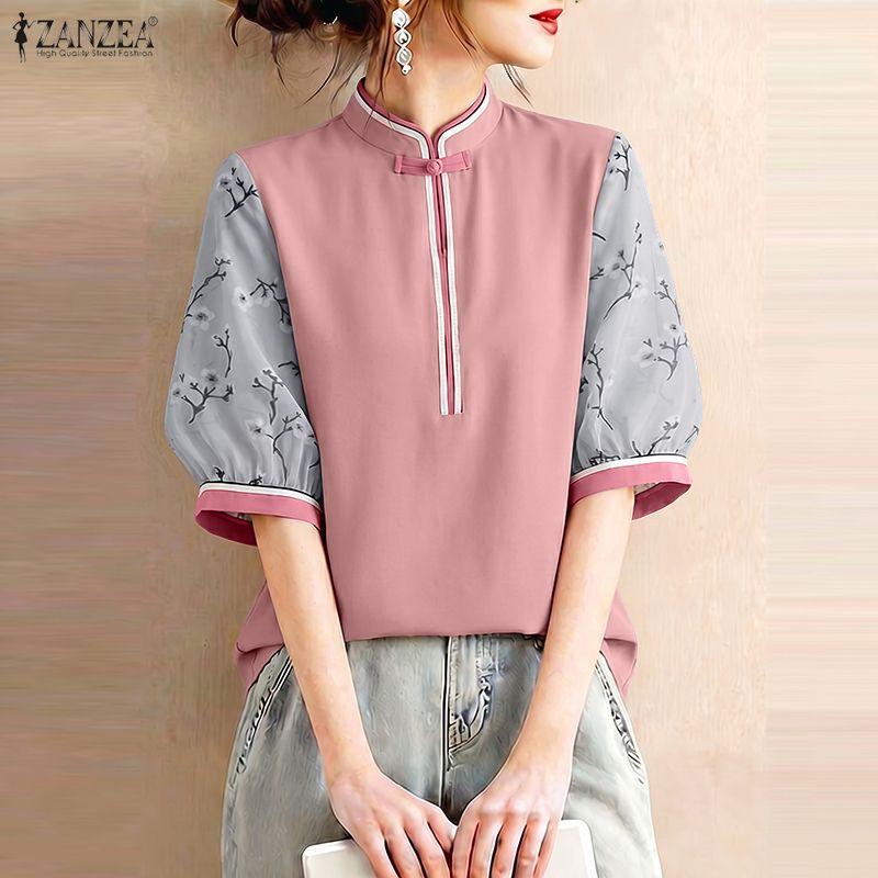 ZANZEA Women Casual Stand Collar Splice 3/4 Sleeve Loose Blouse