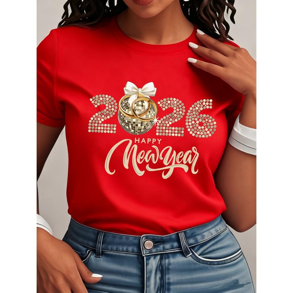 

Women Cotton Short Sleeves T-shirts Happy New Year Disco Ball Women s Tee Festive Graphic Casual Celebration Top 3XL