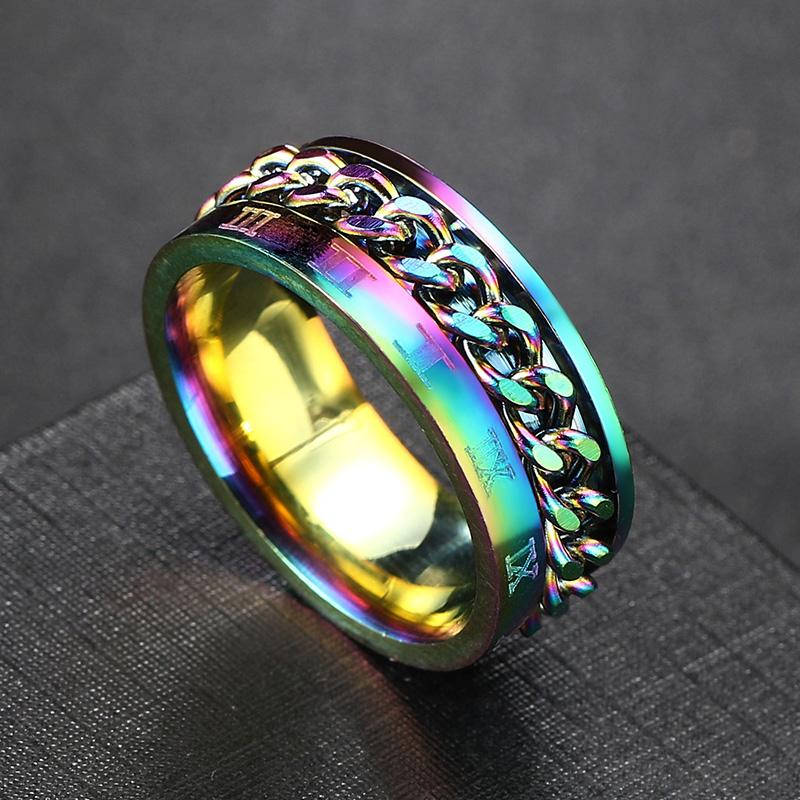 Spin Rotating Anxiety Fidget Titanium Rings For Men Colorful Stainless Steel Chain Finger Men Ring Punk Rock Hippie Accessory