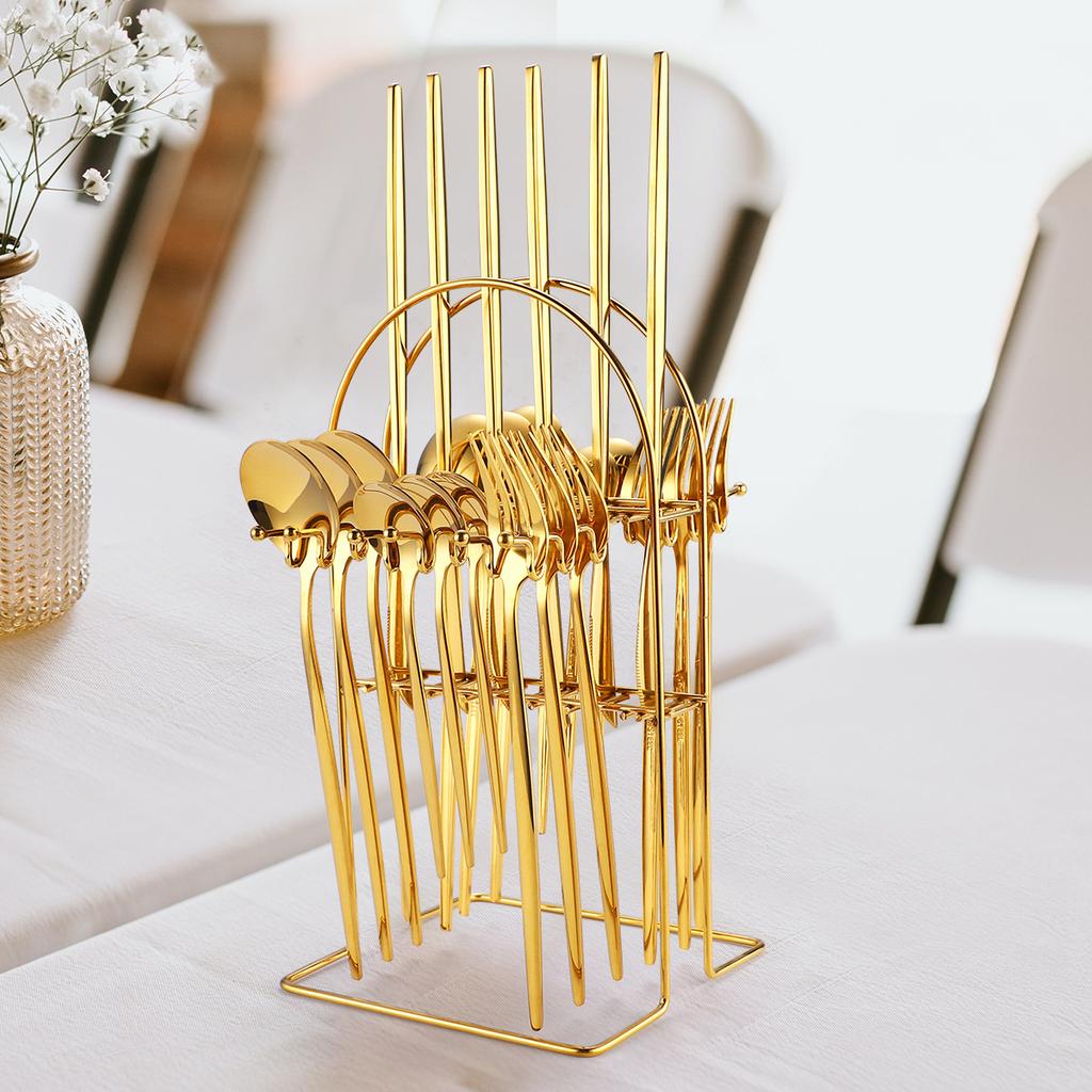 Stainless Steel Tableware Set with 24 Knives Forks and Spoons Home Storage Rack for Western Style Steak