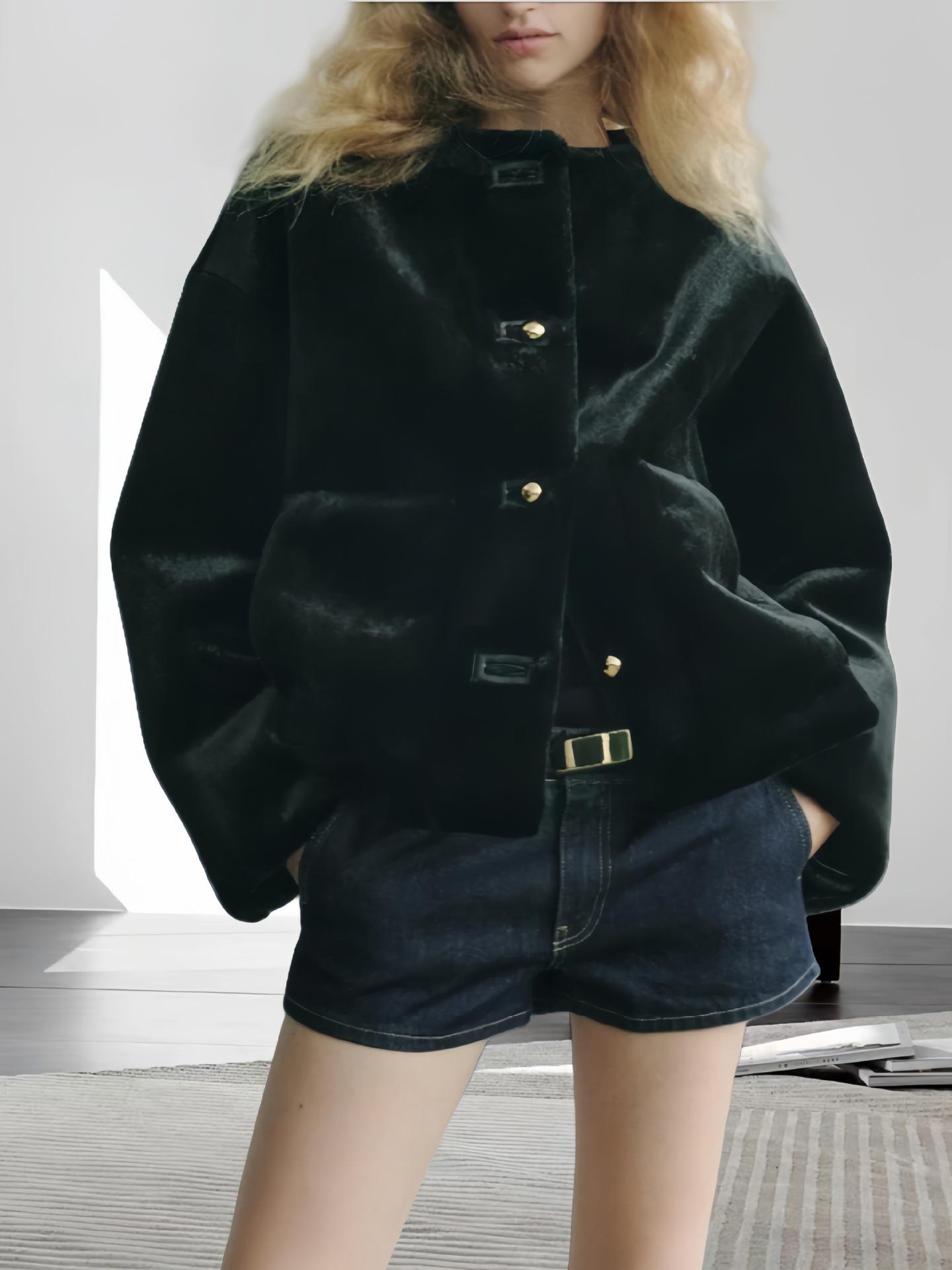 

Женская модная куртка из черной искусственной кожи с круглым вырезом, Осень/Зима 2024 S