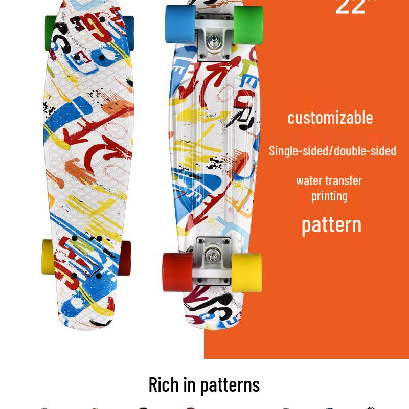 22" Beginner Adult Skateboard with Plastic Deck, Single Kick, and Water Transfer Design for Street Cruising.