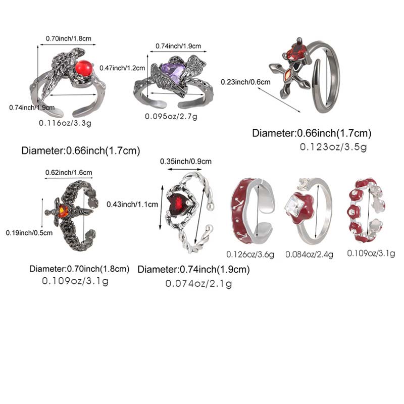 Y2K Kpop Black Silver Color Thorn Crow Rings for Women Men Punk Red Zircon Heart Opening Rings Gothic Creative Jewelry Gift