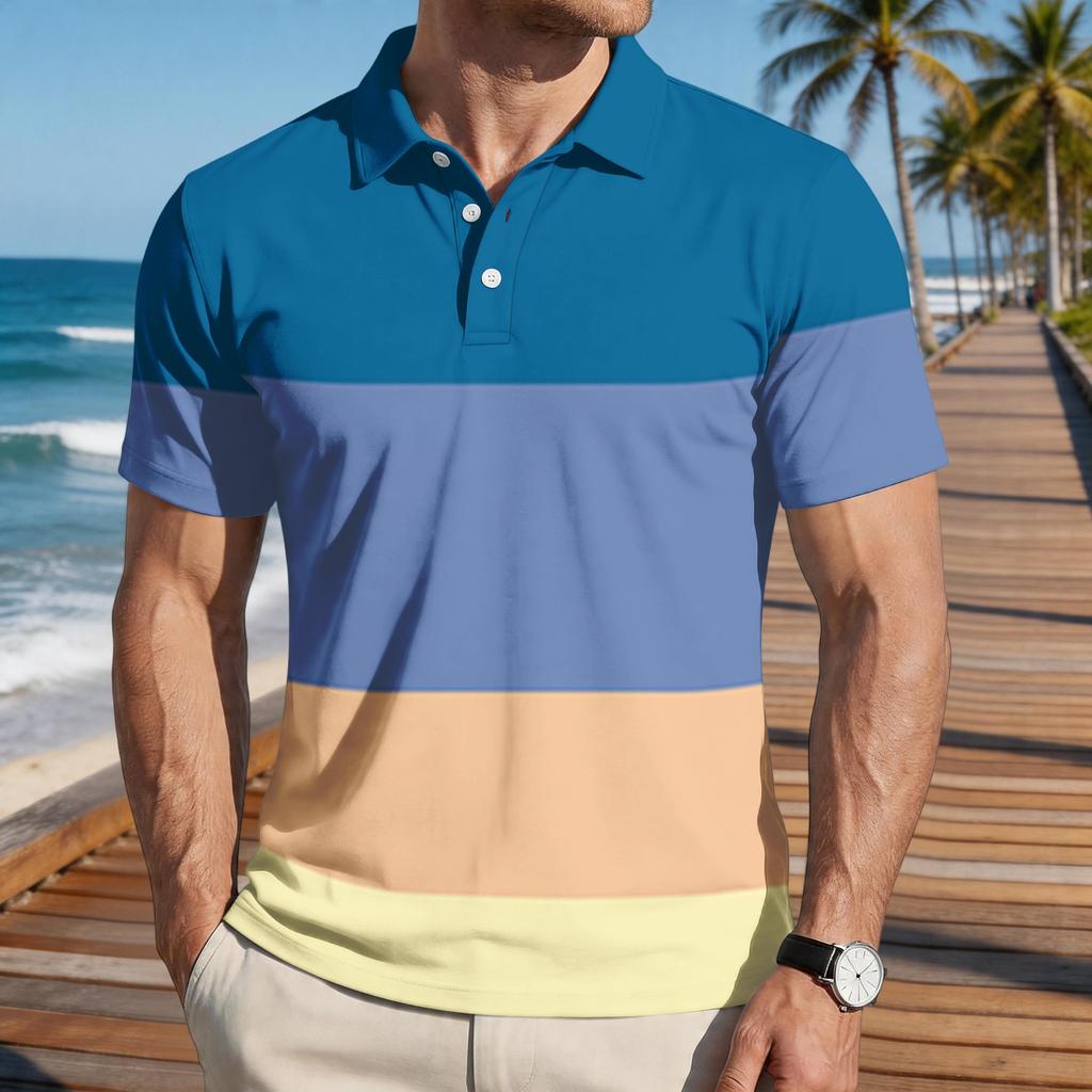 Mens Loose Fit Casual Striped Print Short Sleeve Polo Shirt with Turn Down Collar Soft Breathable Fabric for Everyday Wear