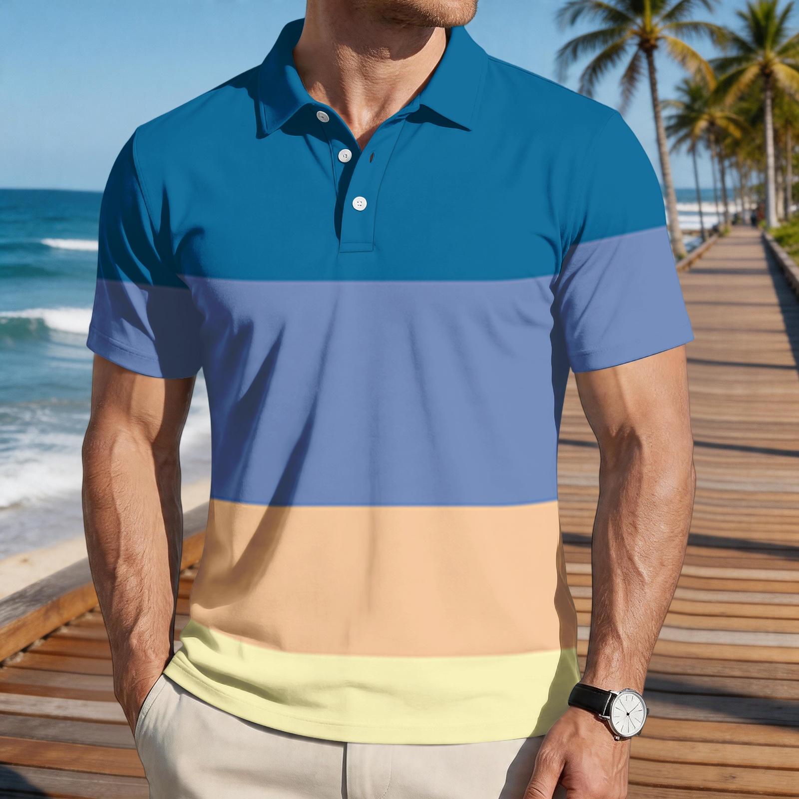 

Mens Loose Fit Casual Striped Print Short Sleeve Polo Shirt with Turn Down Collar Soft Breathable Fabric for Everyday Wear L синий