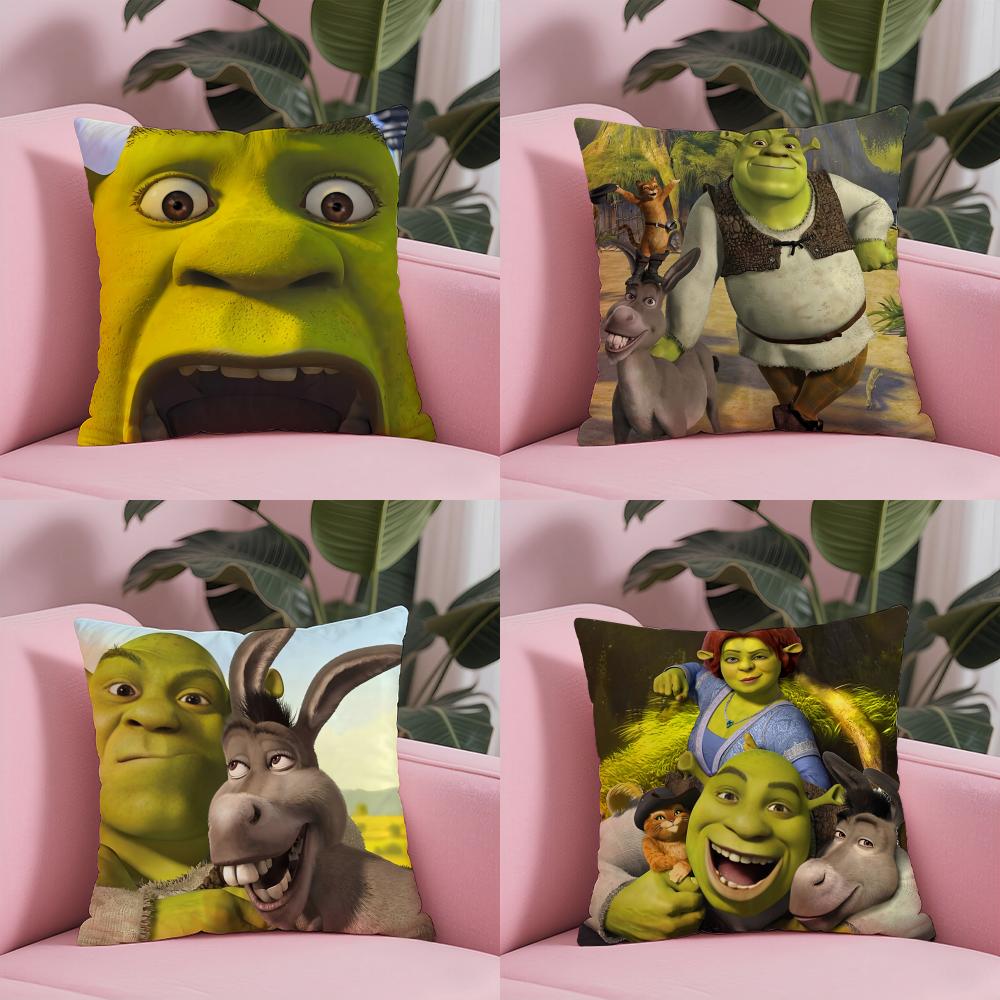 Cartoon S-Shreks Cute Funny Cushion Cover Silky Short Plush With Invisible Zipper Dustproof Sofa Pillow Cover For Home Decor