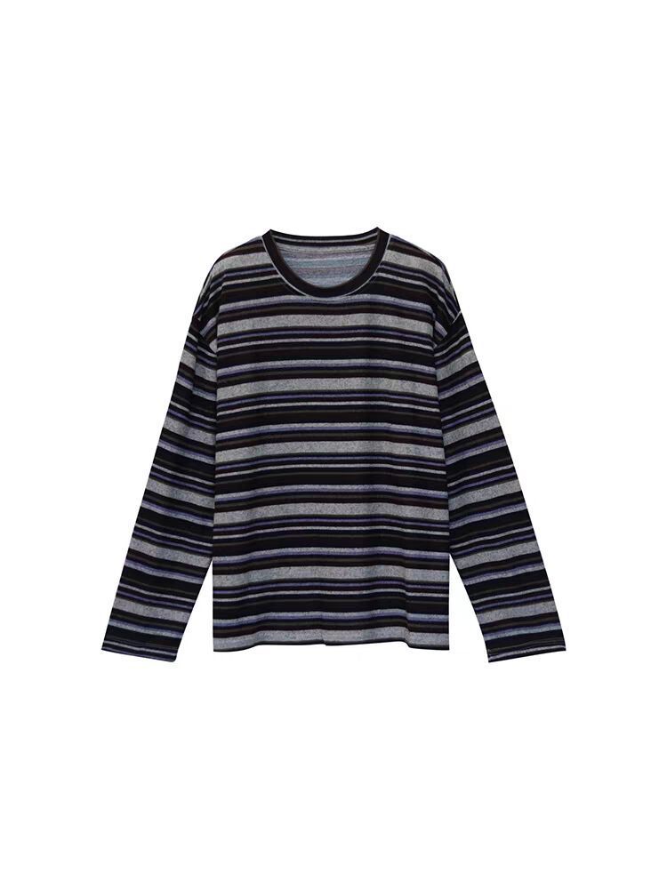 

Spring and Autumn new retro contrasting striped crew neck bottoming shirt women s niche loose and thin long-sleeved top ins s (recommended within 50kg )