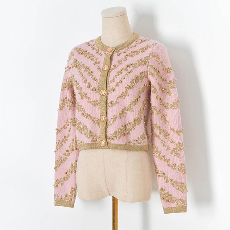 Autumn Winter Sweater Cardigans Women Single Breasted Luxury Beading Striped Casual Knitwear Traf Tops Mujer New In C-187