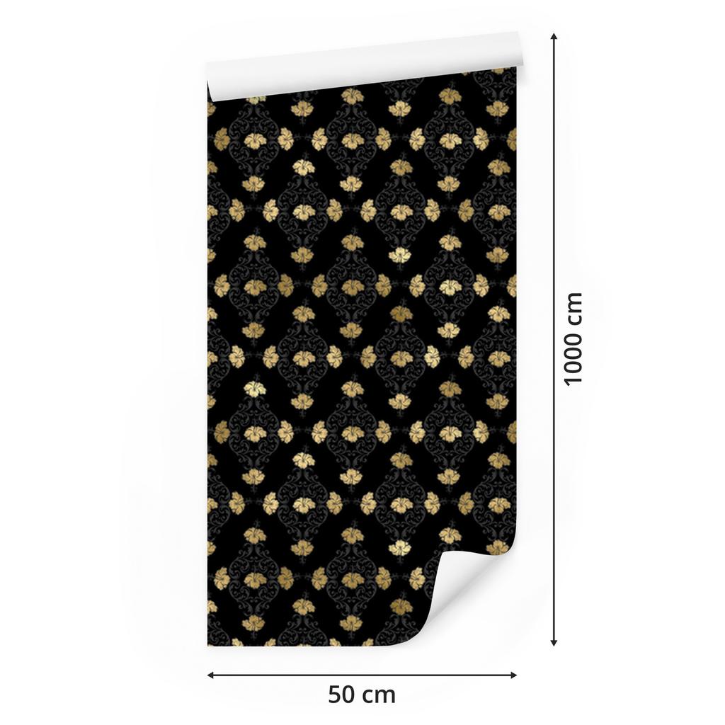 Black and Gold Tropical Pattern Wallpaper In Black, Ochre and Brown 50x1000
