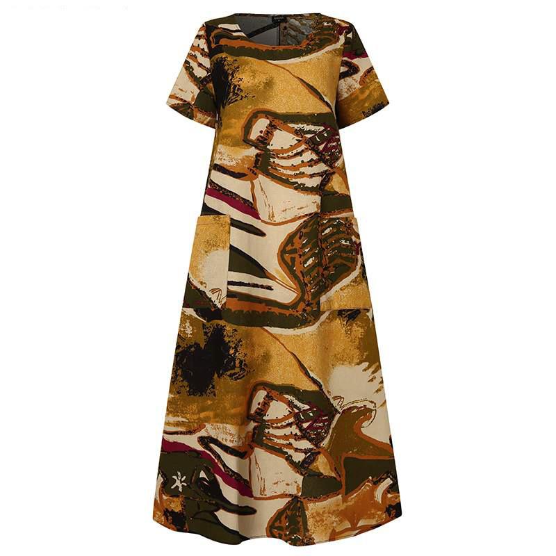 Damen Sommerbekleidung: Kurzärmeliges Langes Kleid, Bedrucktes Freizeitkleid