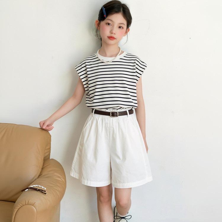 Korean Style Striped Sleeveless T-shirt & Shorts Set for Girls - Summer 2026