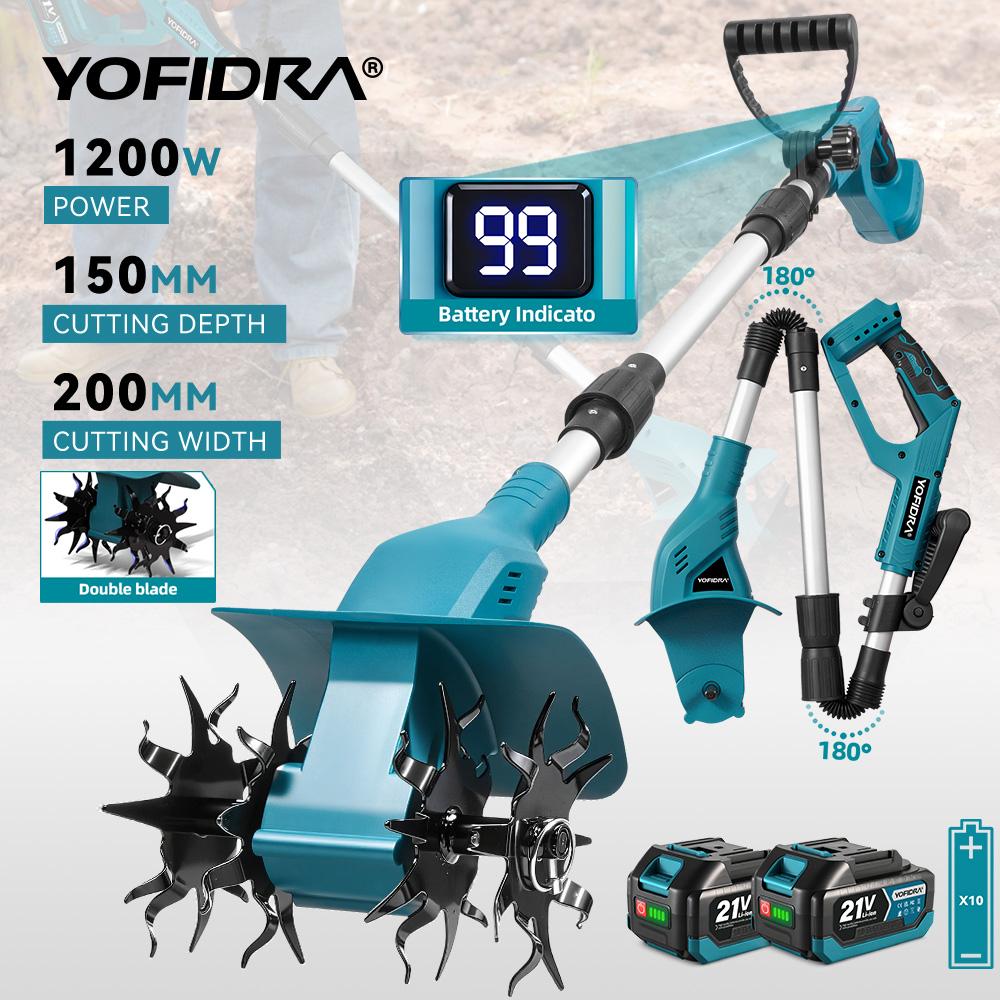 Yofidra 1200W Electric Scarifier Electric Garden Tiller Garden Cultivator Rototiller Lawn Mower Tool For Makita 21V Battery Pin