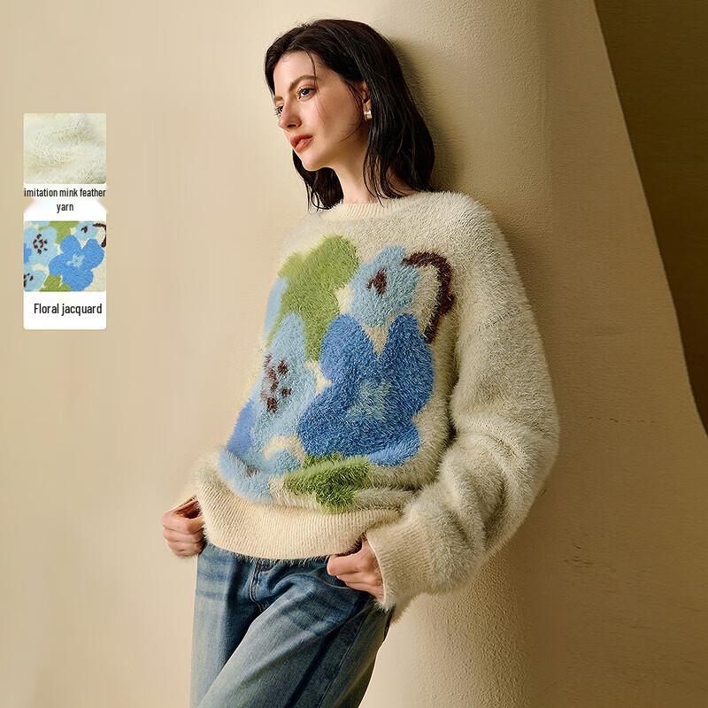 

INMAN Faux Mink Floral Jacquard Pullover Sweater L