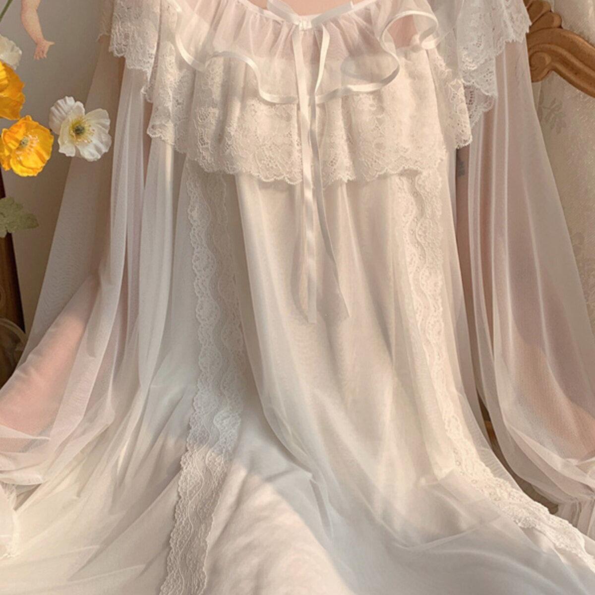 

Plus Size Spring/Summer Princess Style Sexy Lace Trim Nightgown Pajamas for Women 2XL (140-160 jin) белый