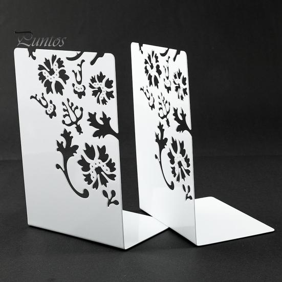 L-shaped Bookend 2PCS Metal Bookends, L-Shaped Reinforced Support Book Holder, with Non-Slip Flower Pattern Pads, Hollow Floral Design for Bookshelves