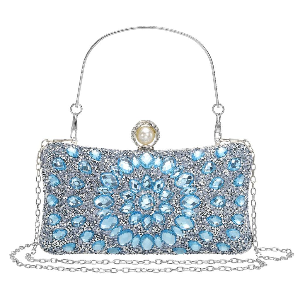 uxcell Women's Evening Bag, Sparkling Crystal Rhinestone Clutch Bag with Two Chain Straps, Light Blue, for Weddings, Evenings, and Weekends