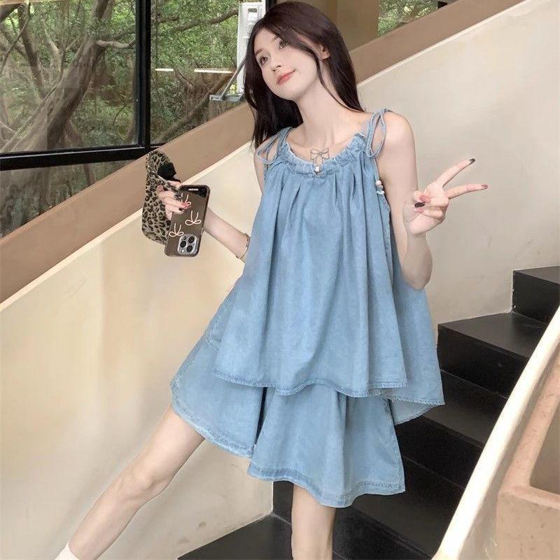 Women s Retro Tie-Up Camisole & High-Waisted Denim Shorts Set S