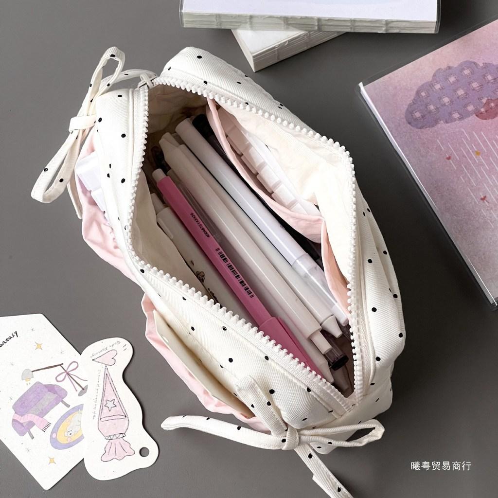 Minimalist Polka Dot Pencil Case With Large Capacity For Students And Makeup Storage