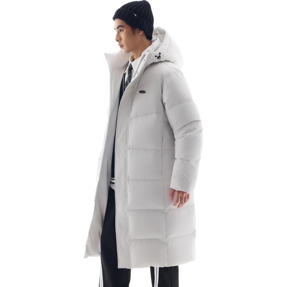 Anta Solid Color Zipper Hooded Comfortable Breathable Long Down Jacket Men Outerwear Sand-Gray 972448902-5