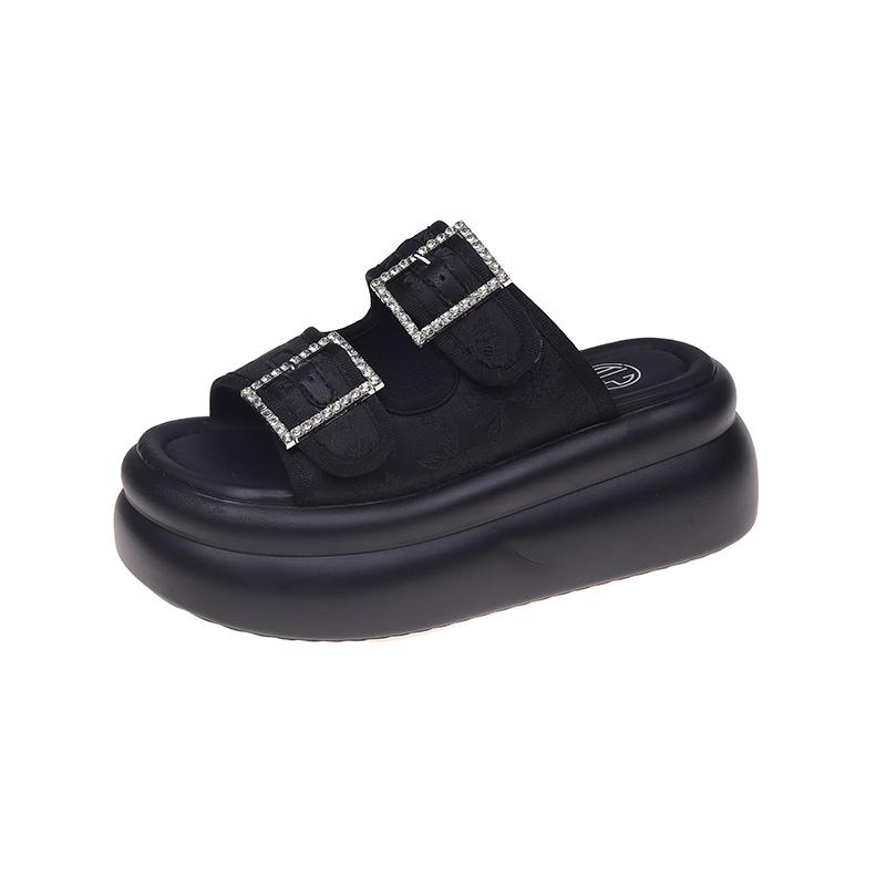 

Модные женские тапочки с пряжкой из кристаллов высотой 7,5 см, сандалии на платформе с флуоресцентным кожаным ремнем и стразами, летние туфли для женщин, шлепанцы 2024 г. 33 чёрный
