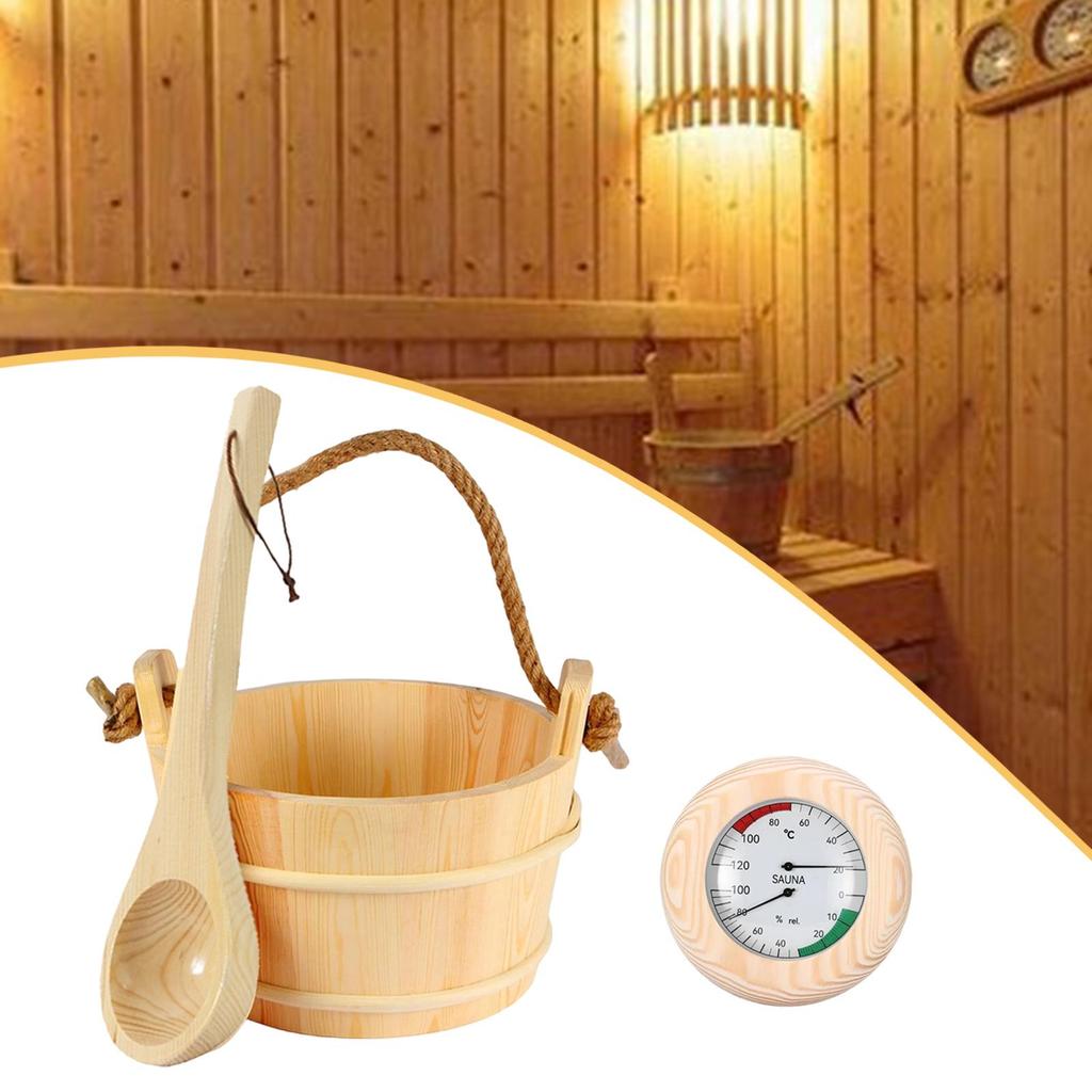 Handmade Wooden Sauna Bucket and Ladle Set Bath Barrel Spa Tools for Sauna Tent Steamer Outdoor Use