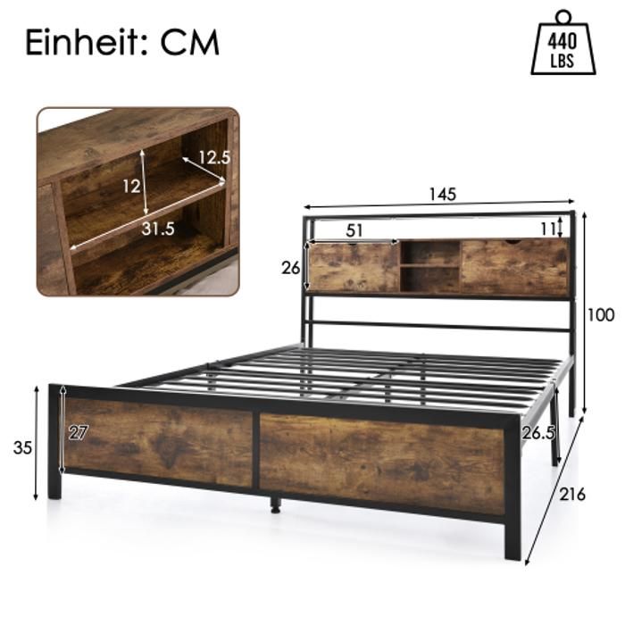 Metal Bed - MUVOE - 140x200 Cm - Headboard with Storage - Slatted Frame - Contemporary Style