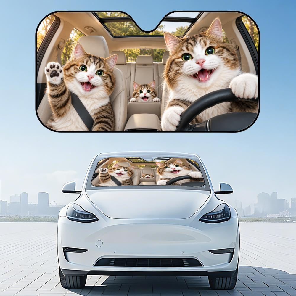 Cute The cat is driving Sun Visor Foldable Aluminum Foil Car Windshield Sun Shade - UV Protection Heat Insulation VisorWindshield Sunshades 1