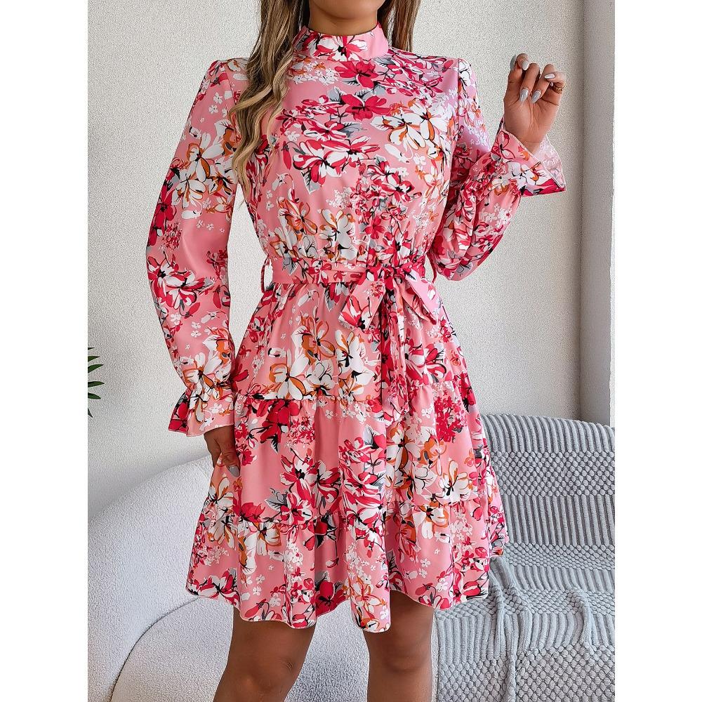 Robe Florale pour Femme Élégante Col Montant Floral Taille Marquée Manches Longues Volants Jupe A-Ligne