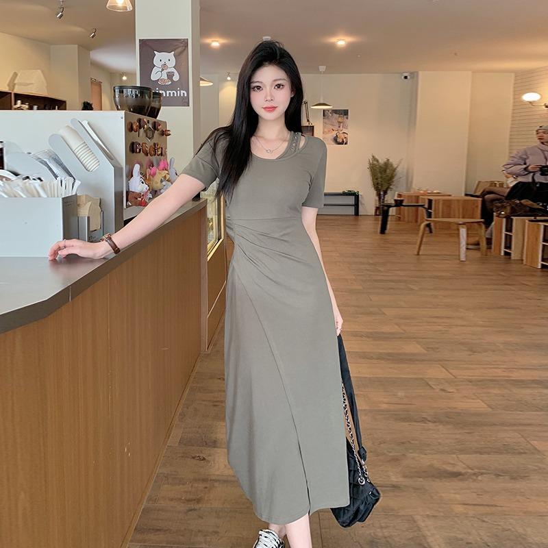 

Настоящее летнее платье 2024, новое модное легкое повседневное платье для похудения с разрезом и короткими рукавами, клубное платье 4XL